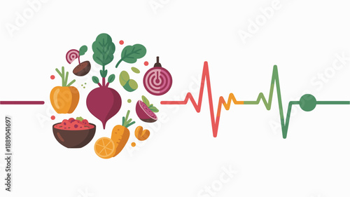 A colorful vector graphic illustration of healthy vegetables and a medical heartbeat line symbolizing wellness and nutrition