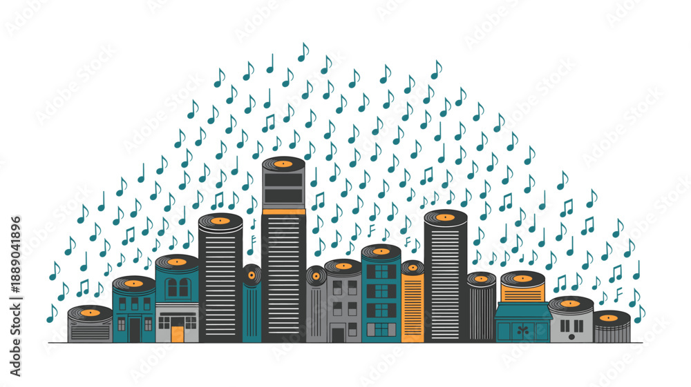 Obraz premium A vibrant cityscape vector illustration with musical notes floating above the buildings