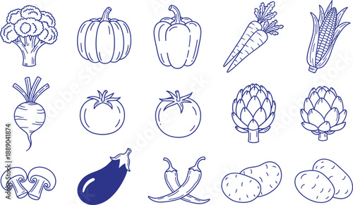 Collection of various vegetable illustrations isolated on transparent background