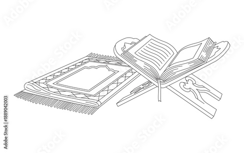 Holy Quran on Rehal with Prayer Mat Islamic Line Art Illustration for Ramadan and Eid Mubarak