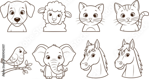Coloring page with 7 cute animal faces isolated on transparent background