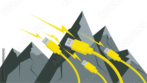 A vector graphic illustration of yellow USB cables and connectors emerging from a stylized mountain range