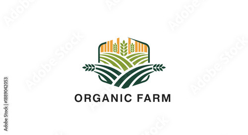 Organic Farm Logo with Green Fields and Wheat Stalks.
