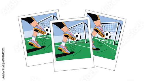 A colorful vector illustration of a soccer player's legs kicking a ball into a goal, depicted in a series of Polaroid-style photos.