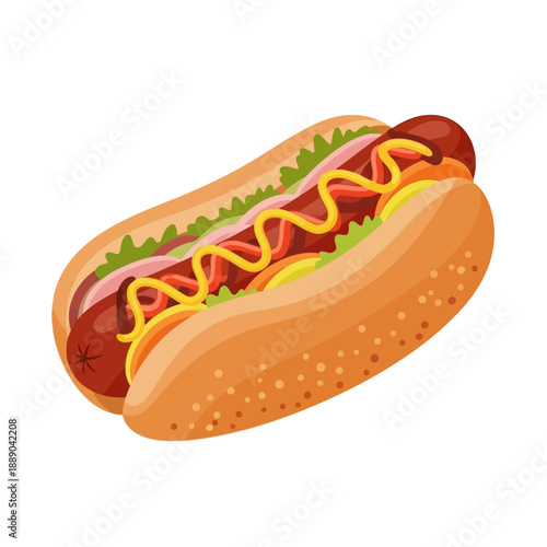 Delicious Hot Dog with Mustard and Ketchup on White Background