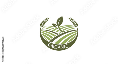Organic Farm Logo with Green Fields and Wheat Stalks.