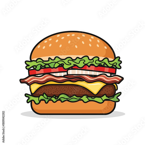 Delicious Burger with Bacon, Cheese, Lettuce, Tomato and Onion - Vector Illustration
