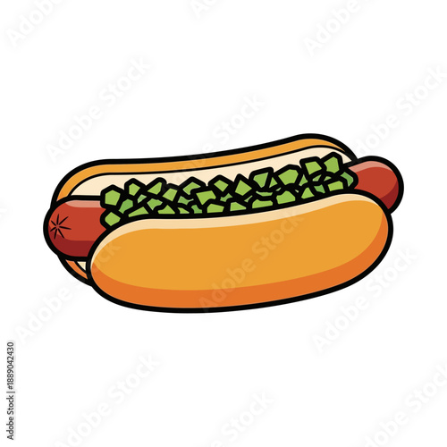 Cartoon Hot Dog with Chopped Pickles on White Background - Vector Illustration