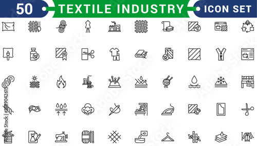 Set of 50 outline icons related to textile industry. Linear icon collection. Editable stroke. Vector illustration
