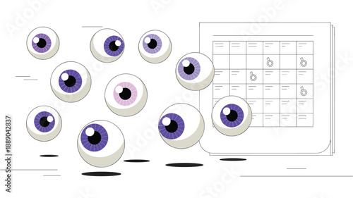 A vector graphic illustration of purple eyes and a calendar on a white background