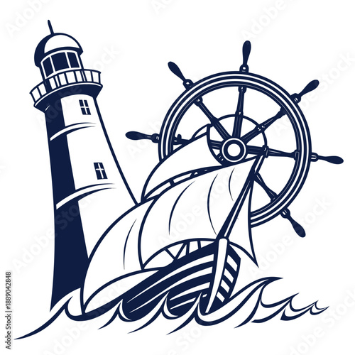 Lighthouse, ship, and wheel at sea