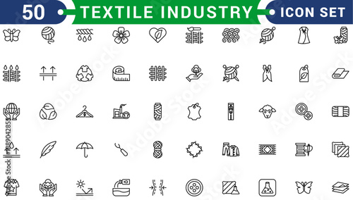 Set of 50 outline icons related to textile industry. Linear icon collection. Editable stroke. Vector illustration