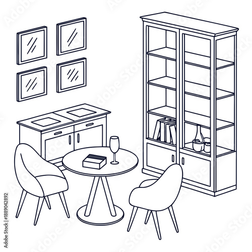 Modern living room setup with bookshelf and dining table