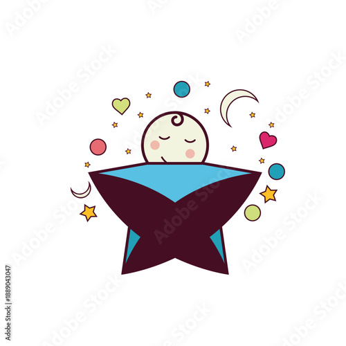 Cute Baby Emerging From A Star Burst With Moon, Hearts, And Stars For Dreamy Nighttime Celebration