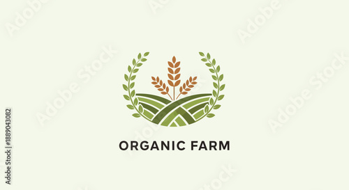 Organic Farm Logo with Wheat and Fields Emblem.