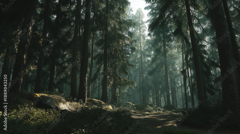 Obraz premium A subtle forest scene highlighting light and shadow.