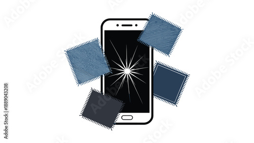 A vector graphic illustration of a smartphone with a cracked screen and torn denim patches