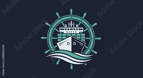 Ship Steering Wheel and Cargo Ship Illustration.