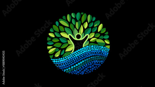 Vibrant abstract person with arms raised, surrounded by a lush tree canopy and flowing water, symbolizing nature, health, and growth.