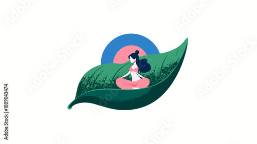 Serene woman meditating in lotus position on a large green leaf, representing mindfulness, nature connection, and well-being