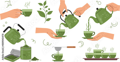 Tea Brewing and Serving Vector Illustration Set with Hands Pouring Green Tea, Teapot, Cups, Leaves, and Herbal Drink Elements