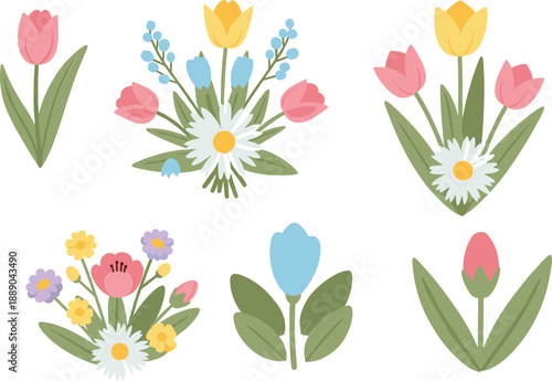Spring Flower Bouquet Vector Illustration Set with Tulips, Daisies, Wildflowers, and Cute Floral Arrangements for Wedding, Greeting, and Botanical Designs