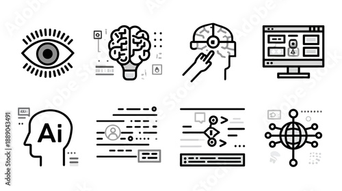 AI, Virtual Reality, Data Science, and Digital Technology Modern Line Icons Collection. Big Data, Machine Learning, and Metaverse Concepts.