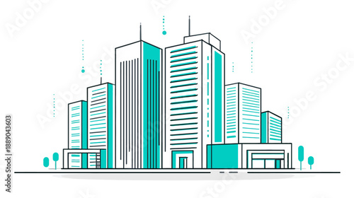 Modern cityscape illustration, smart city architecture with tall buildings. Urban development, technology, and futuristic metropolis concept.