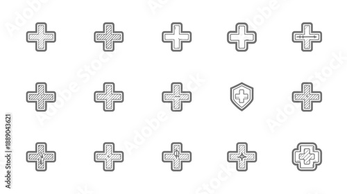 Set of various textured plus sign icons, including health shield and medical crosses, representing addition, positive action, and first aid symbols.