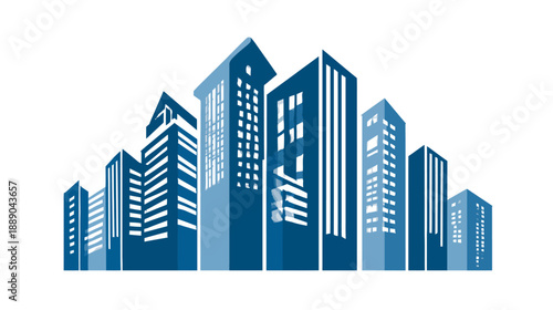 Modern City Skyline Illustration with Blue Skyscrapers, Urban Buildings, and Financial District Architecture