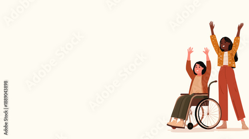 Diverse women friends celebrating together, one in a wheelchair, illustrating inclusion, support, and achievement.