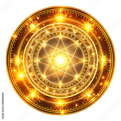 Magic circle, Glowing golden with intricate geometric patterns and bright starburst center, cutout, PNG, isolated on transparent background, AI