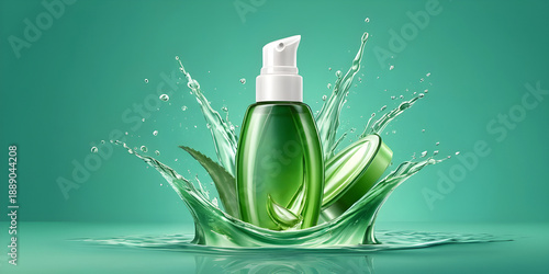 Mockup banner featuring a natural cosmetics bottle splashing in water. A beauty skincare product with aloe vera, a green jar of cream, and a serum container set against a clear aqua backdrop 