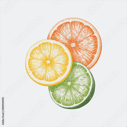 Hand drawn vector illustration of orange lemon and lime citrus fruit slices