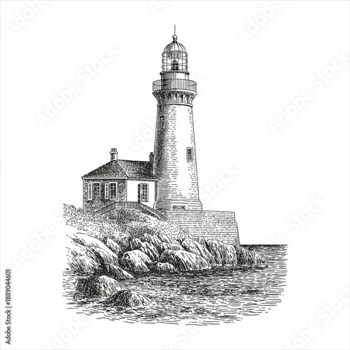 Detailed maritime lighthouse illustration with crosshatch shading style