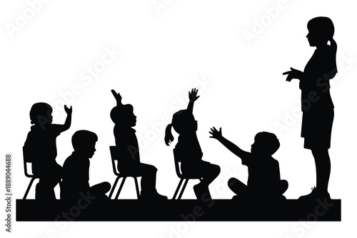 Silhouette of teacher and students in classroom with raised hands