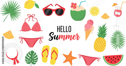 Hello Summer beach vacation elements and tropical icons set