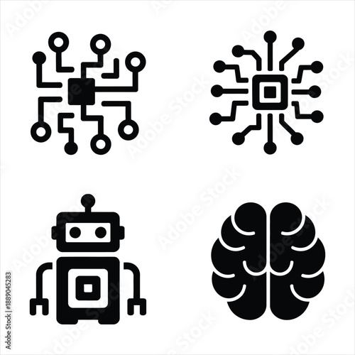 Artificial intelligence and futuristic robotics icon set for machine learning technology