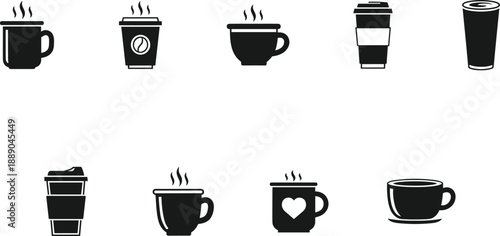 A diverse set of black silhouette icons representing various coffee cups, including disposable to-go cups, ceramic mugs with steam, and a mug with a heart