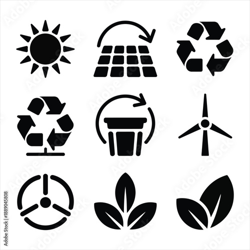 Renewable green energy icon set with solar panels and recycling symbols