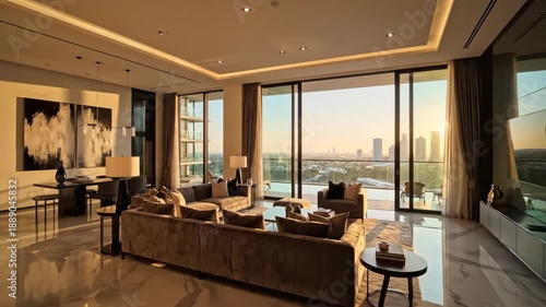 Luxury residential building overlooking water during bright sunset