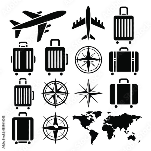 Travel and tourism icon collection with airplane luggage and world map