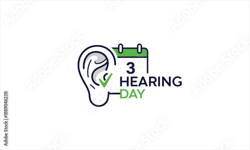 World Hearing Day Logo with Ear and Check Mark, Hearing Health Awareness Calendar Vector