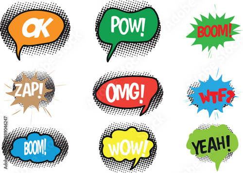 Collection of bright colorful comic book style speech bubbles featuring classic action onomatopoeia words like pow boom zap omg and wow demonstrating visual excitement.