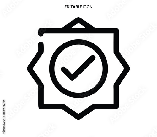 A black outline icon depicting a star shaped badge with a checkmark inside