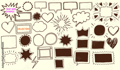 Set of hand-drawn text box shapes, speech bubbles, and doodle style frames vector illustrations, collection of graphic design elements.