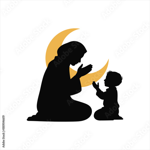 Muslim mother and child praying silhouette with crescent moon background