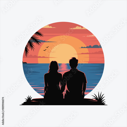 Romantic couple sitting on the beach watching the sunset over the sea