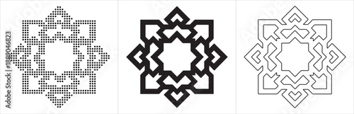 Symmetrical Geometric Star Pattern in Dot Matrix, Solid Silhouette, and Line Art Variations