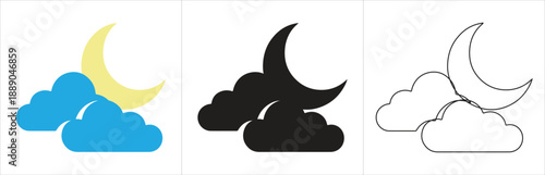 Crescent Moon Partially Covered by Clouds in Color, Silhouette, and Outline for Weather or Icon Use